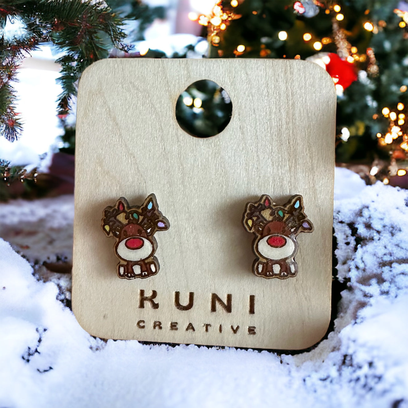 Cute Reindeer Tangled in Lights Stud Earrings