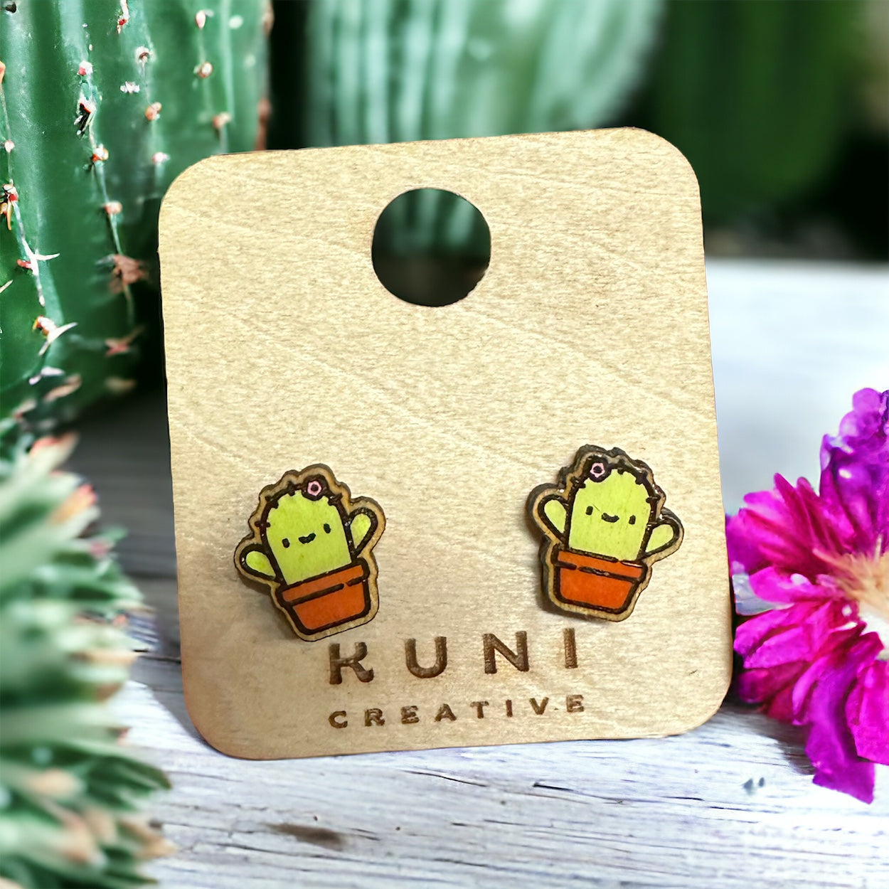 Kawaii Flowering Cactus Stud Earrings