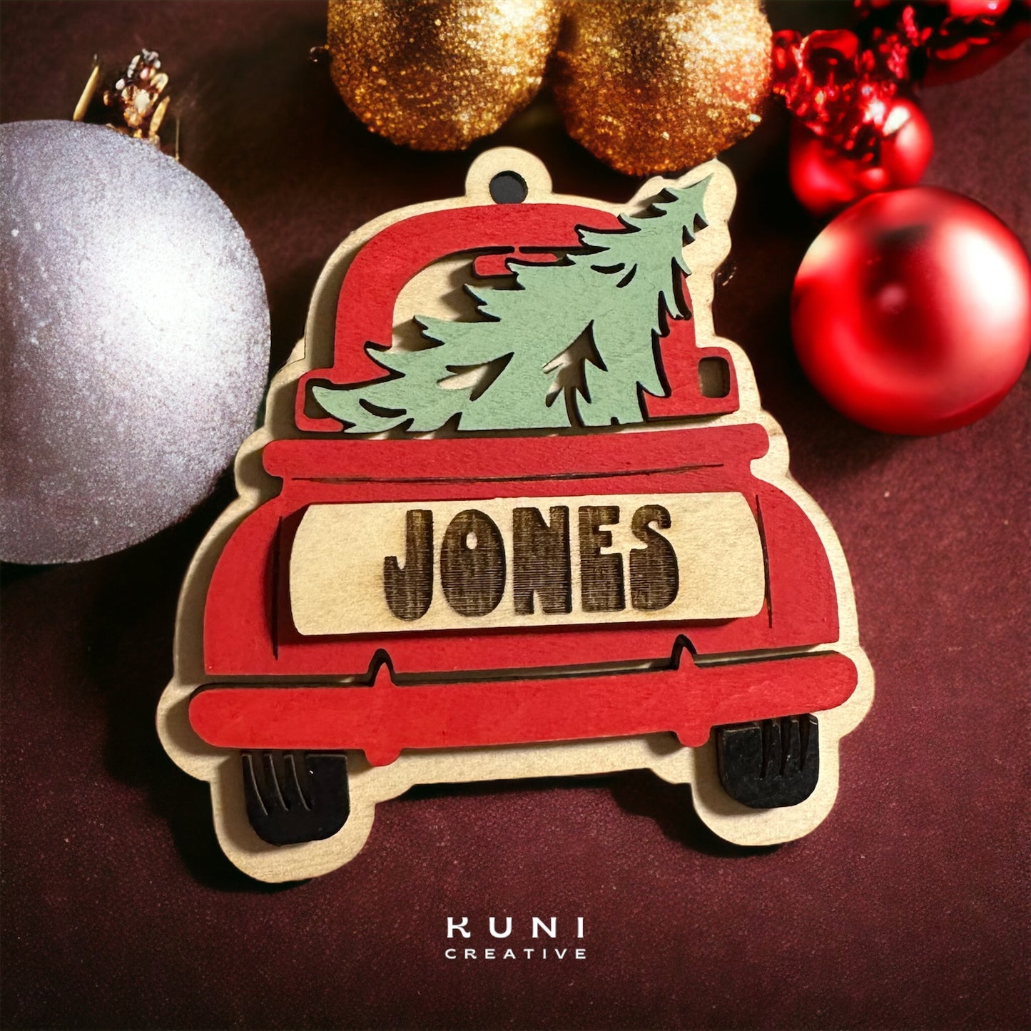 Personalized Red Truck with Christmas Tree ornament